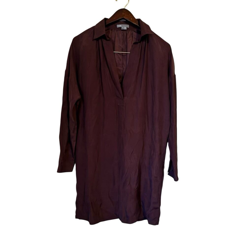 Vince 100% Silk Long Sleeve Maroon Shirt Mini Career Dress Sz Small Office Wear